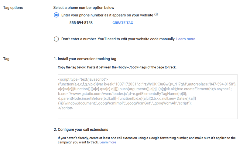 Phone call conversion tag Google Ads