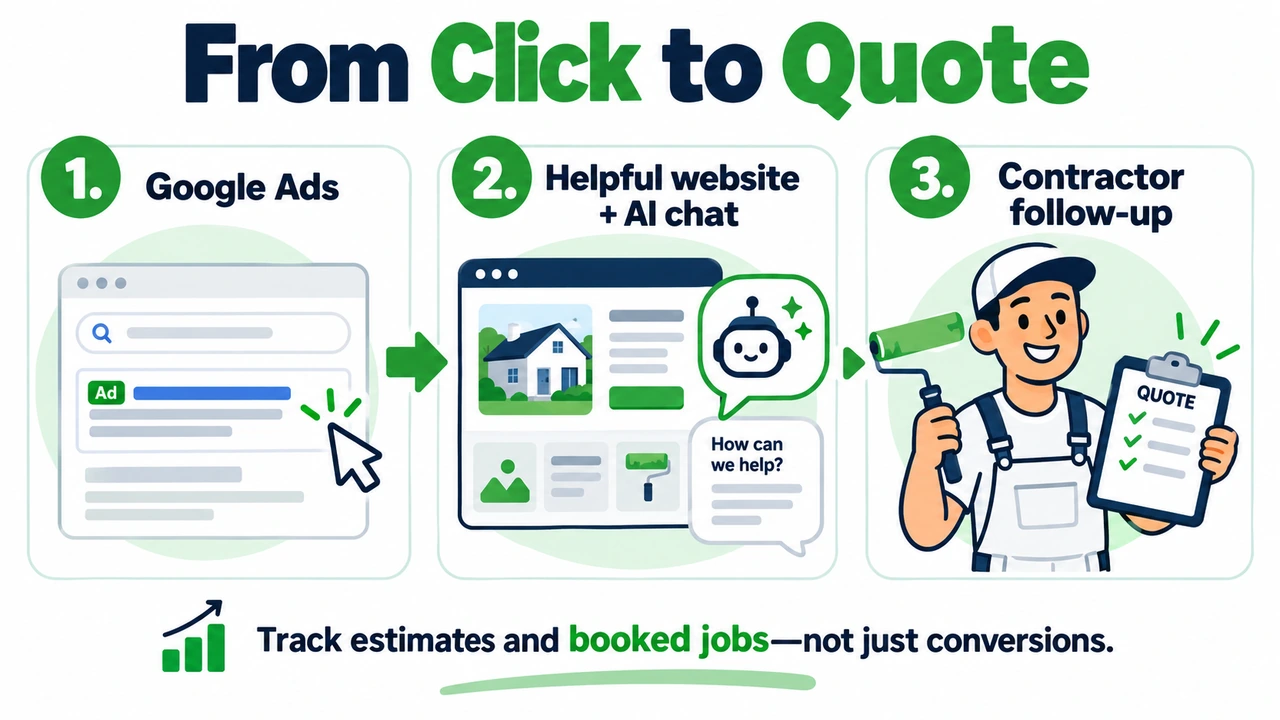 Illustrated path from Google Ads to website AI chat and contractor follow-up
