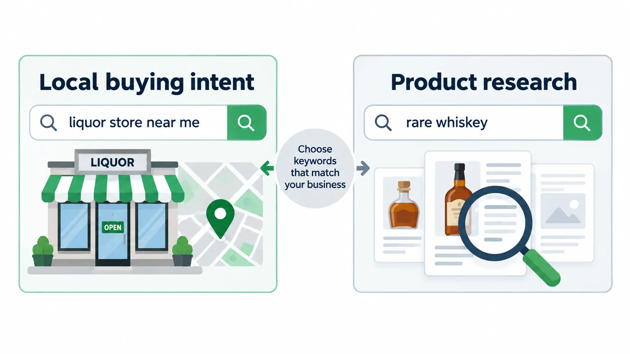 Illustrative comparison of local buying intent, such as liquor store near me, and product research, such as rare whiskey.