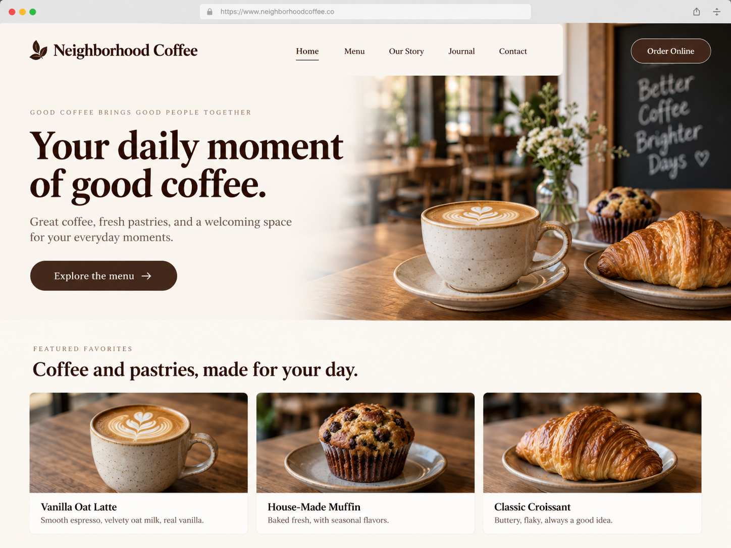 Example coffee shop website mockup