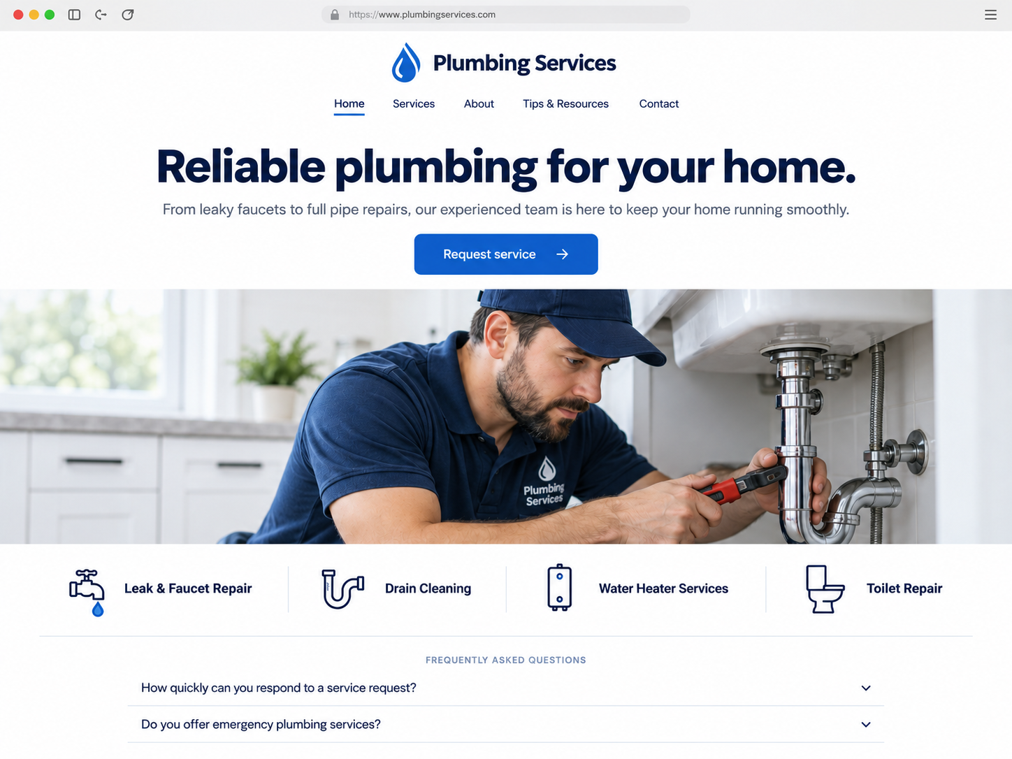 Example plumbing website mockup