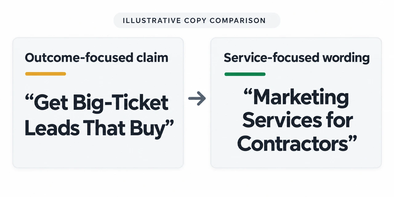 Illustrative comparison of outcome-focused ad copy and service-focused wording for contractors.