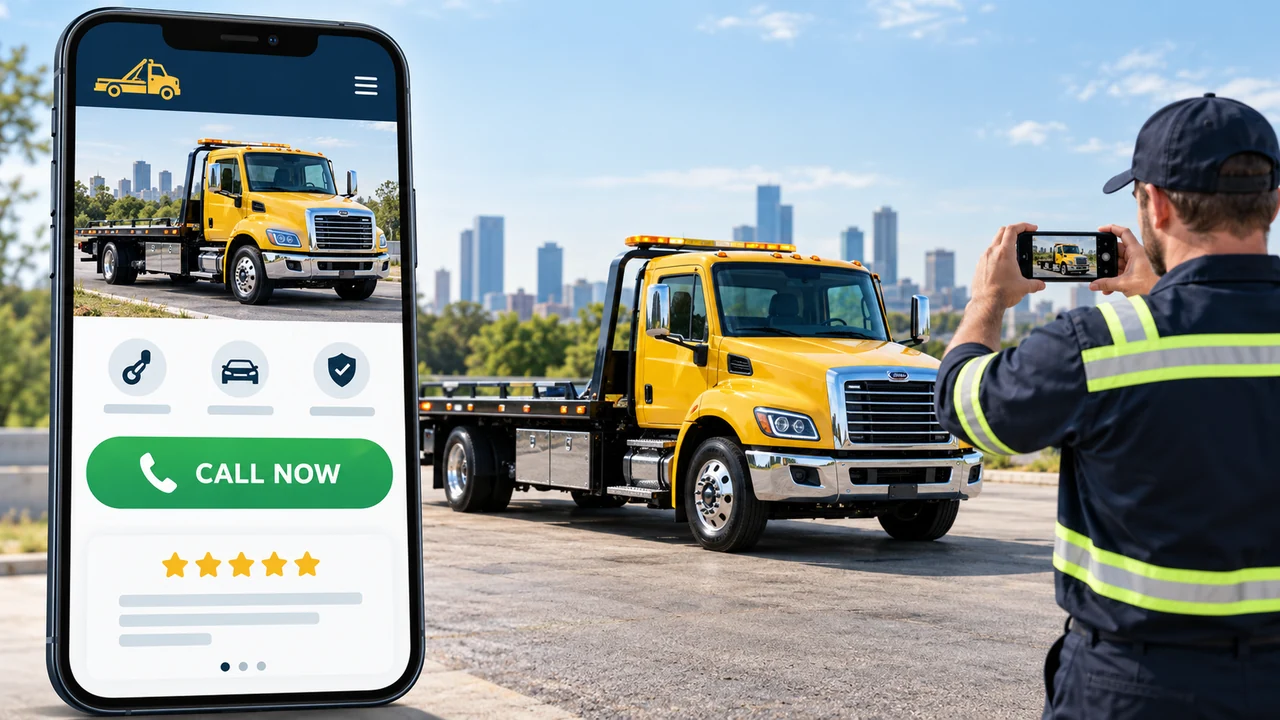 Illustration of a towing website with a prominent Call Now button beside an operator photographing a tow truck.