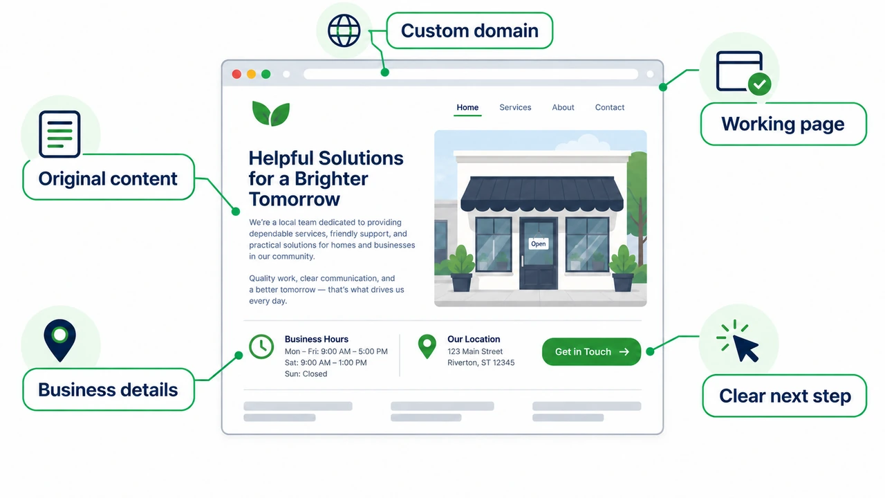 Illustrative business website with five callouts: original content, business details, a working page, a clear next step, and a custom domain.