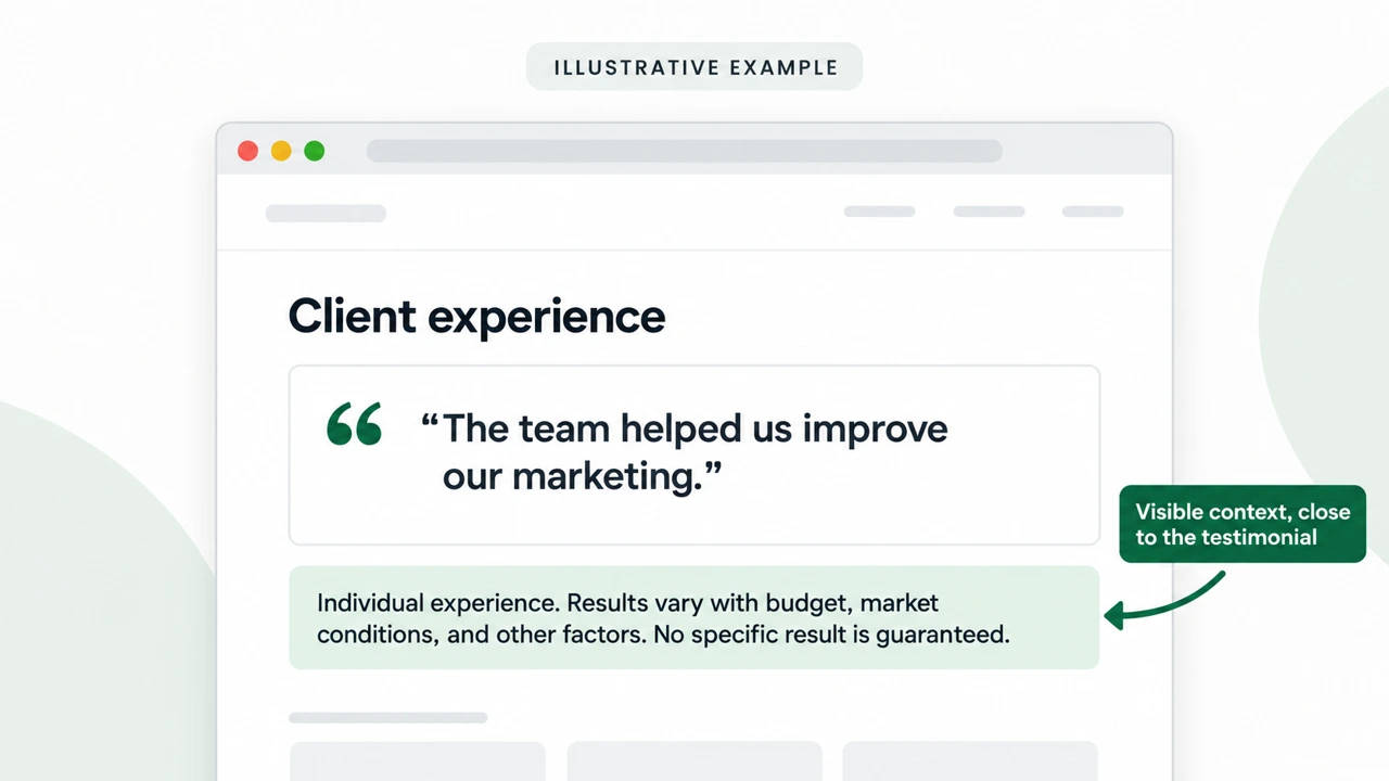 Illustrative website testimonial with a visible results disclaimer directly beneath it.