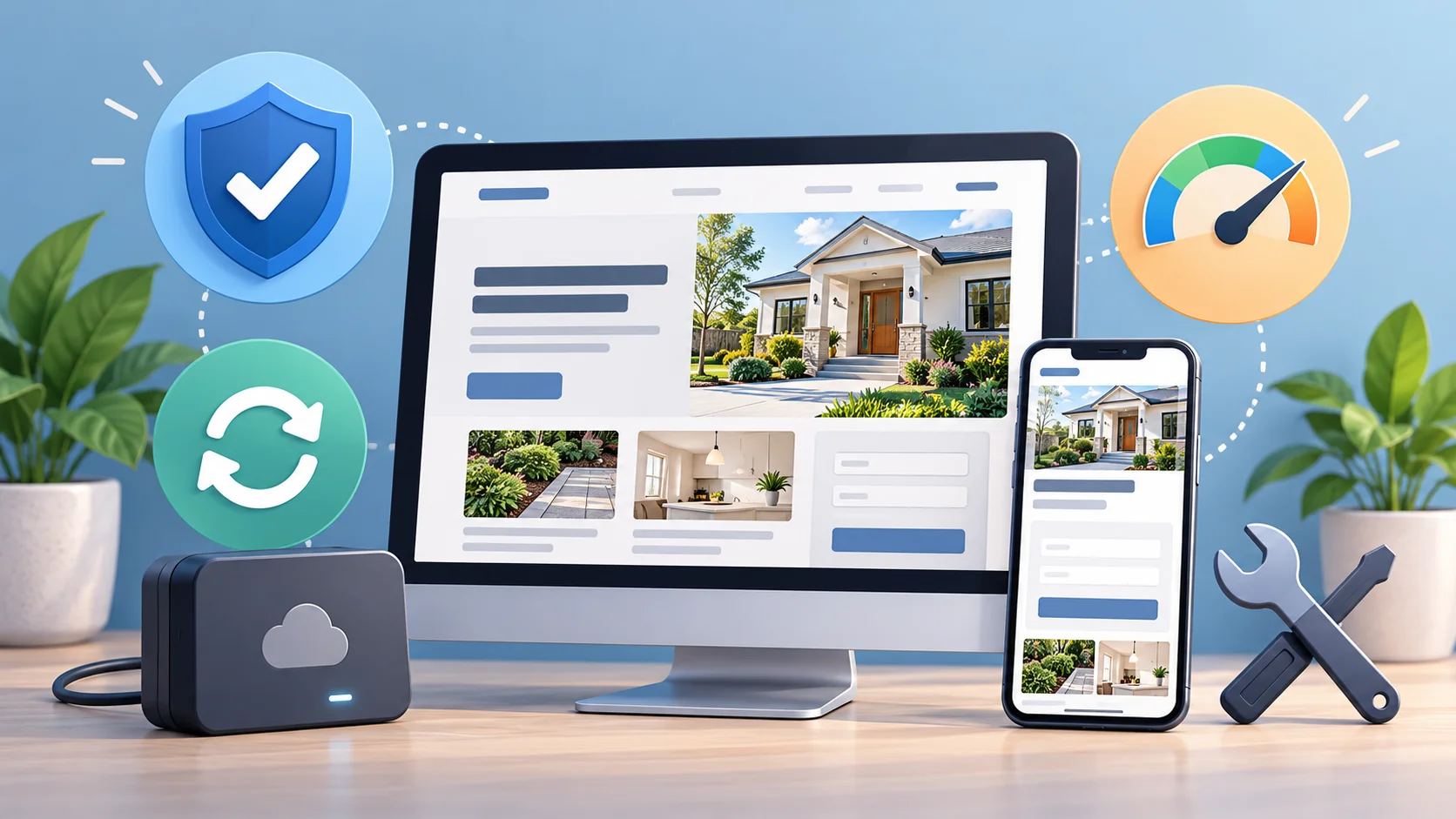 Desktop and mobile business websites with symbols for security, updates, backups, and ongoing maintenance.