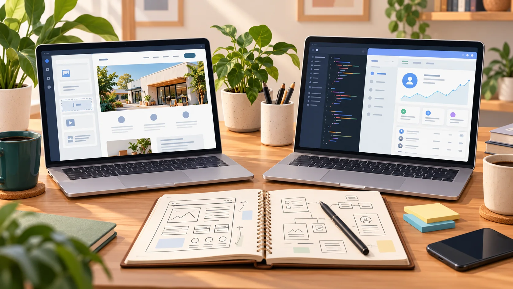 Two laptops illustrating a modular website editor and a custom web application alongside website planning sketches.